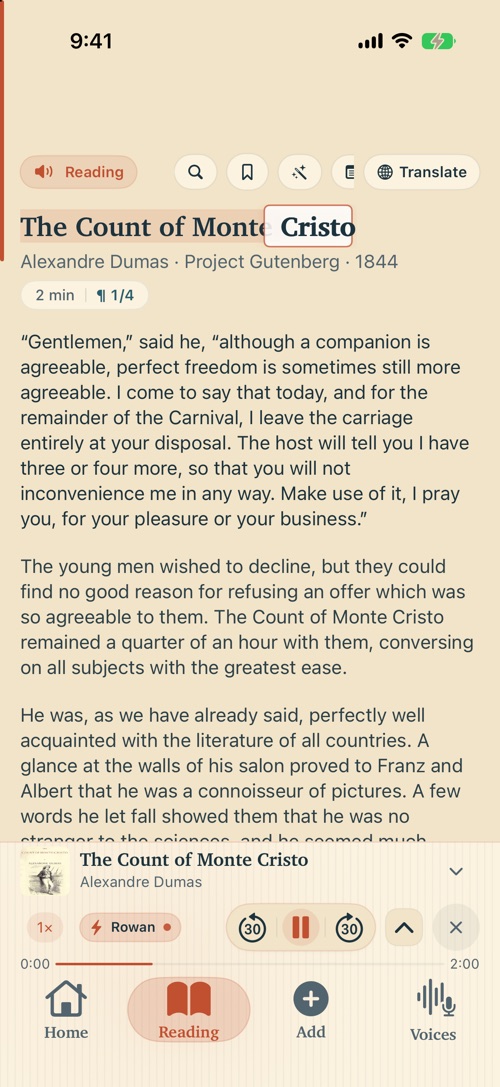 Timber open on an iPhone, starting to read The Count of Monte Cristo aloud, with each word highlighted as it is spoken.