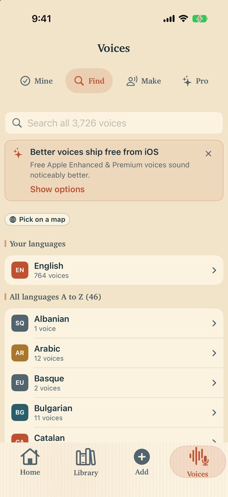 The Voices screen on the Find tab, with a search box for all 3,726 voices and a list of languages to browse, from Albanian to Catalan.