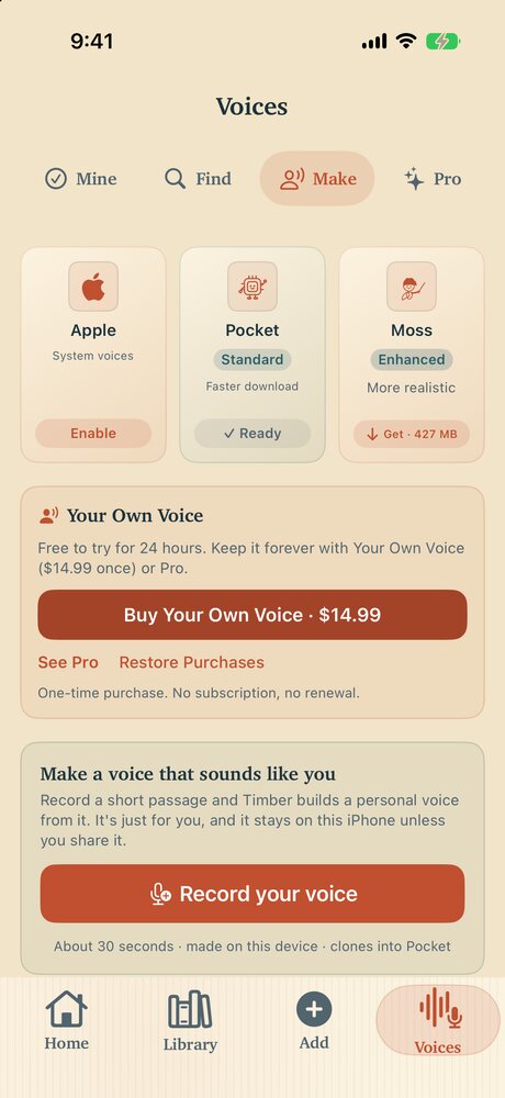 The Voices screen on the Make tab, with a Record your voice button and a note that the voice is made on this device.