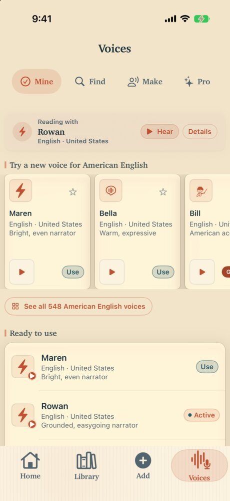The Voices screen on the Mine tab. Rowan, a free Supertonic voice, is reading now, with a Hear button. Below are voices to try, such as Maren and Bella, and a Ready to use list with Maren and Rowan.