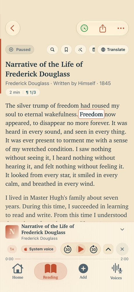 Image 6: The Timber reader on an iPhone, showing Frederick Douglass with the word Freedom highlighted as it is spoken, above the playback bar.