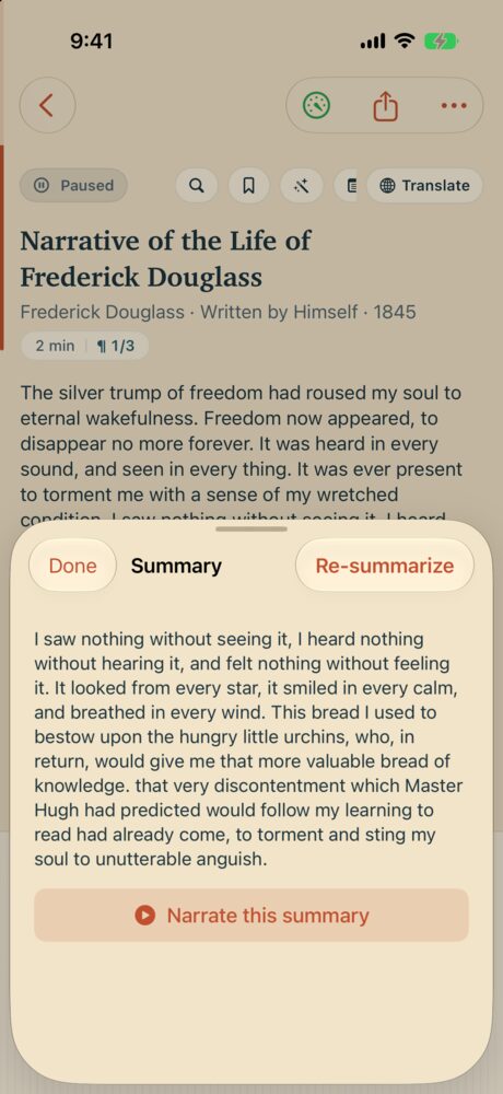 A summary sheet over Frederick Douglass’s Narrative, made of key sentences lifted from the text, with buttons to re-summarize and to narrate the summary.