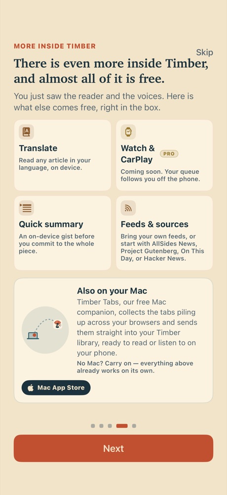 Image 12: A screen listing what else is included: translation, Watch and CarPlay, quick summaries, feeds and sources, and the Mac companion.